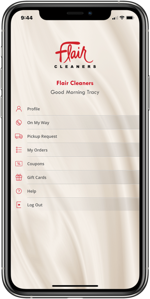 Flair Cleaners Mobile App Main Screen