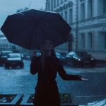 Woman in rain with umbrella
